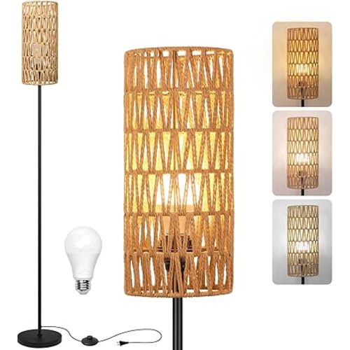 Floor Lamp for Living Room,Farmhouse Rattan Floor lamp,Modern Standing lamp with 3 Color LED Bulb,Black Tall Lamp with Foot Switch