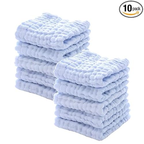 MUKIN Baby Washcloths - Natural Cotton Baby Wipes - Soft Newborn Face Towel for Sensitive Skin - 10 Pack, 12x12 inches