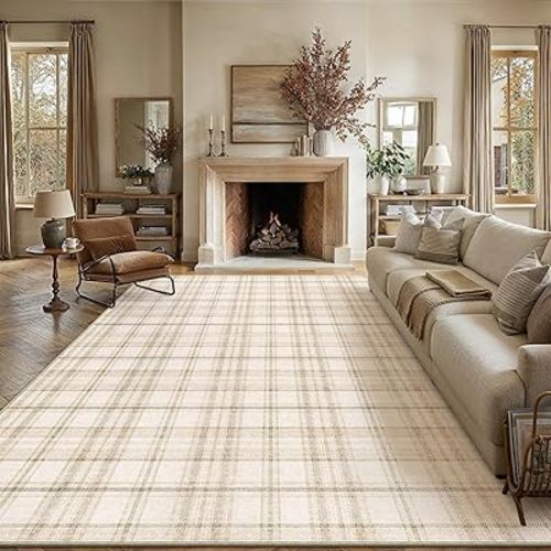 8x10 Beige Area Rug for Living Room Bedroom Machine Washable Low Pile Checkered Carpet Modern Accent Soft Non Slip Rug for Dining Room Nursery Office Indoor