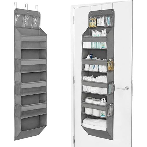 Heavy Duty Over The Door Organizer Hanging Storage – 6-Tier Behind The Door Storage with 5 Large, 6 Side & 3 PVC Pockets – 50 lbs Hanging Organizer for Closet, Nursery, Bathroom – 1 Pack, Gray
