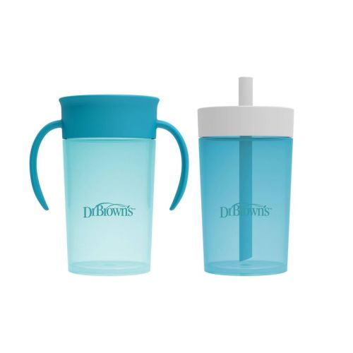 Dr. Brown's 10 oz Milestones Straw to 360° Cup Set, with Interchangeable Silicone Straw - Aqua Blue - 2pk