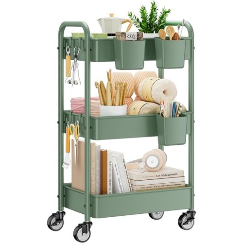YASONIC 3-Tier Rolling Cart, Green, 66 Pounds Capacity, Mesh Storage Organizer with Lockable Wheels, 3 Hanging Cups, 4 Hooks, Easy Assembly, for Kitchen, Bathroom, Laundry, Grocery