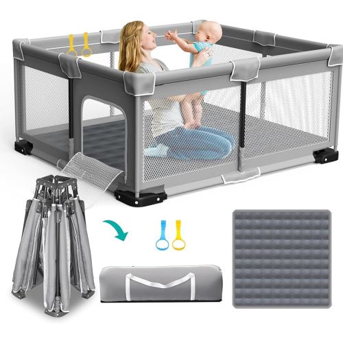 Foldable Playpen for Babies and Toddlers, 71"x59" Inches Portable Playpen with Mat, Kids Collapsible Play Pen with 2 Handlers, Indoor & Outdoor Baby Play Area with Visible Mesh (Light Gray)