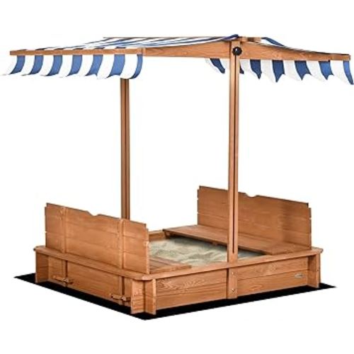 Outsunny Wooden Kids Sandbox with Cover, Children Outdoor Sand Box with Foldable Bench Seats, Adjustable Canopy, Bottom Liner for Outdoor, Red