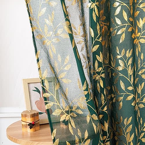 Sutuo Home Dark Green Sheer Curtains 63 Inch Length 2 Panels Set, Gold Foil Print Metallic Bronzing Leaves, Privacy Window Treatment Decor Drape Pair for Bedroom Nursery Room 52" W x 63" L