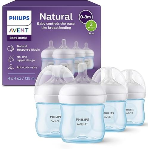 Philips Avent Natural Baby Bottles with Natural Response Nipples (Slow Flow, Flow 2), 4oz, Blue, 4-Pack, SCY900/24