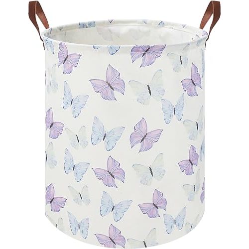 HKEC 19.7" Butterfly Laundry Basket,Kids Dirty Clothes Hamper,Waterproof Toys Storage Bin,Room Decor,Gift Baskets,Baby Nursery Hamper(Blue & Purple Butterfly)