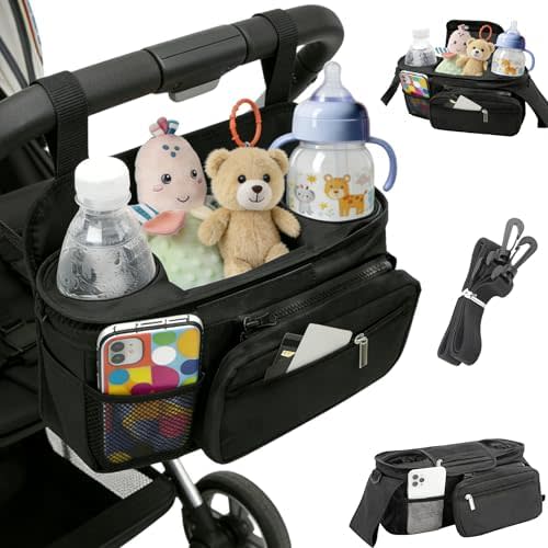 Baby Stroller Organizer Bag (12.9" x 6.29"), Multi-Functional Mommy Bag with Insulated Bottle Pockets & Detachable Pouch (Black)