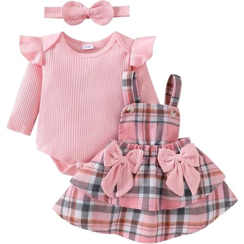 Baby Girl Clothes Fall Winter Outfit Long Sleeve Ruffle Romper Plaid Skirt Bow Headband 3 Pcs Set 0-18 Months - Pink - 9-12 Months