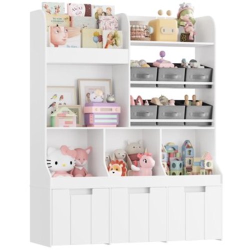 Hiphuta 50.2"H Kids Bookcase with Toy Storage Organizer, White Bookshelf with 3 Rolling Drawers and 6 Fabric Drawers for Kids Room