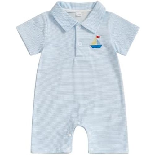Baby Boy Summer Outfit Short Sleeve Embroidery Collared Romper Lapel Button Striped Bodysuit Jumpsuit Clothes