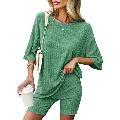 Ekouaer Pajamas 2 Piece Lounge Sets Ribbed Knit Matching Outfits T-shirt Biker Shorts Sleepwear Loungewear Sweatsuits