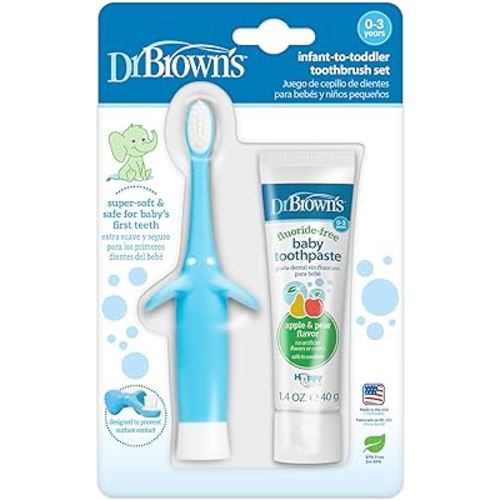 Dr. Brown's Infant-to-Toddler Training Toothbrush Set, Blue Elephant with Fluoride-Free Apple Pear Baby Toothpaste, 0-3 years