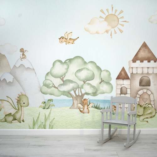 Lancelot - Watercolour Storybook Dragon Illustration Wallpaper Mural