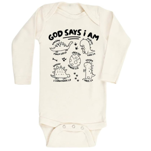 Cute Baby Bodysuit God Says I am Dinosaurs Shirt Premium Custom Baby Clothes Unisex Baby Announcement Gift for Mom Newborn Outfit (Long Sleeve Natural, 3-6m)
