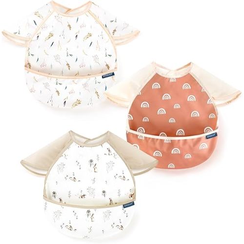GRSSDER 3-pack Mess Proof Baby Feeding Bibs with Food Catcher Pocket, Soft Lightweight Waterproof Fabric Material with Zero Plastic-like Feel, Adjustable and Easy Clean Toddler Bibs for 6-36 Months