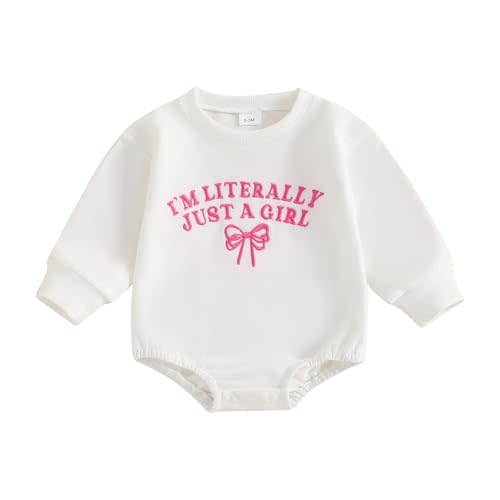 AHUGHAUE Newborn Baby Girl Outfit I'm Literally Just A Girl Bow Embroidery Sweatshirt Bubble Romper Cute Long Sleeve Bodysuit