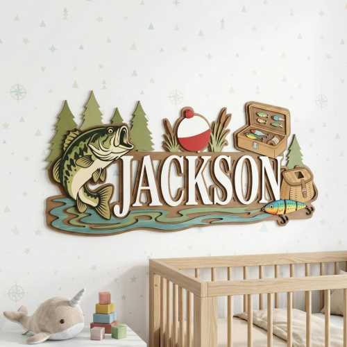 Fishing Nursery Name Sign, Custom Boy Wood Wall Art,Bass Fish Lake Theme Baby Shower Gift,Little Fisherman Room Decor,Personalized Wood Sign