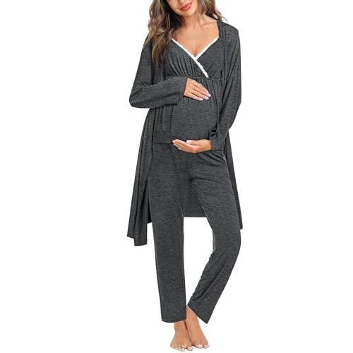 SWOMOG Maternity Nursing Robe Set 3 Piece Breastfeeding Pajamas 3 in 1 Labor Delivery Sleevless Tops&Long Pants Pregnancy Pjs