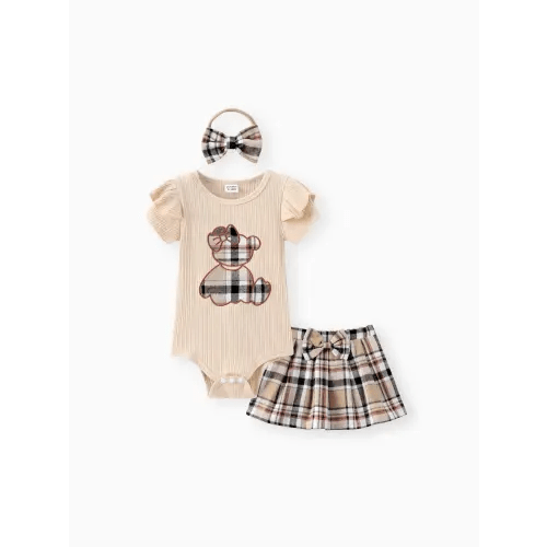 Baby Girl 3pcs Bear Style Embroidered Ruffled Romper and Plaid Skirt with Headband Set Only $13.29 PatPat US Mobile