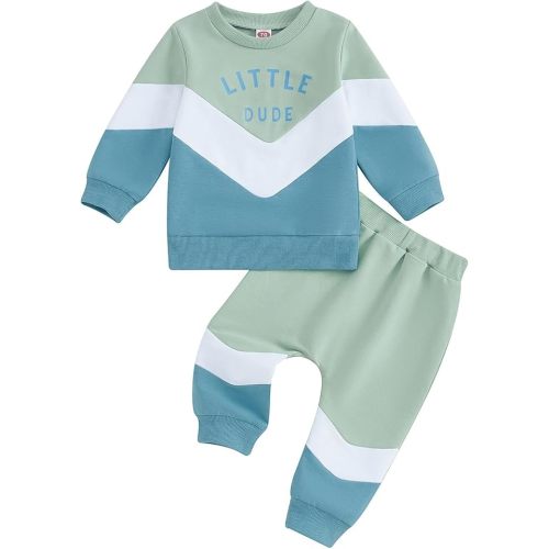 Kupretty Toddler Baby Boy Fall Winter Clothes Color Block Long Sleeve Sweatshirt Pullover Tops + Joggers Pants Outfit Set