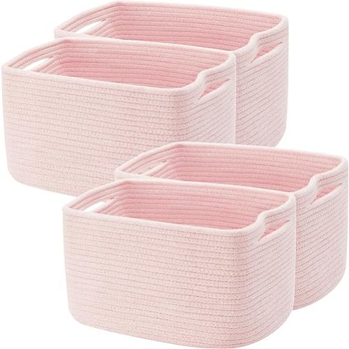 Set of 4 Pink Woven Cotton Rope Storage Baskets for Baby Girl Rectangle Basket for Book Towel Toy Storage