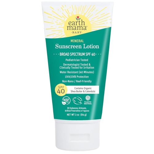 Earth Mama Baby Mineral Sunscreen Lotion SPF 40 | Reef Safe, Non-Nano Zinc, Natural Water Resistant Sun Cream for Babies, Kids & Adults, 3-Ounce - 3 Ounce (Pack of 1)
