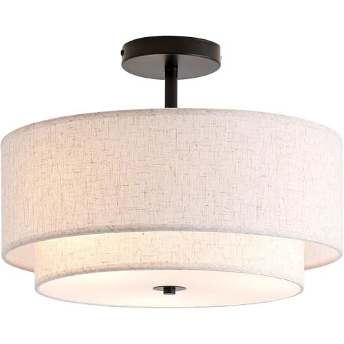 16" Double Drum 3-Light Semi Flush Mount Ceiling Light, Classic Fabric Linen Shade Design for Living Room, Bedroom, Kitchen, Dining Room, Hallway and Entryway