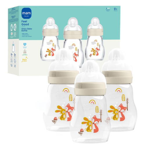MAM Premium Glass Baby Bottles, Easy Switch Between Breast and Bottle, Feel Good Slow Flow, Newborn Essentials Must Have, 0+ Months, BPA Free, 6oz, Unisex, 3 Pack