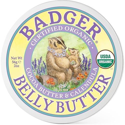Badger Belly Butter, Organic Stretch Mark Cream for Pregnant Belly, Rich Hypoallergenic Moisturizing Organic Cocoa Butter & Coconut Body Butter for Women, 2 oz Tin