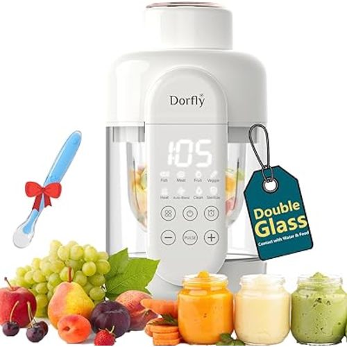 Baby Food Maker Glass Steamer and Blender 12oz Glass Reservoir & Bowl Non Plastic Food Processor One Step Food Blender with Stainless Steel Blades Puree Machine for Baby with Recipe Timer