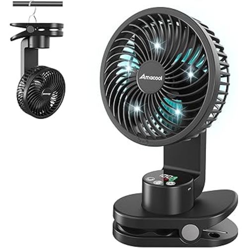 AMACOOL Battery Operated Camping Fan with Light, Rechargeable Clip on Fan with Hook & Digital Display, 30Hrs Running, 9 Speed, 360° Rotation Portable Small Fan for Tent Camping RV Travel