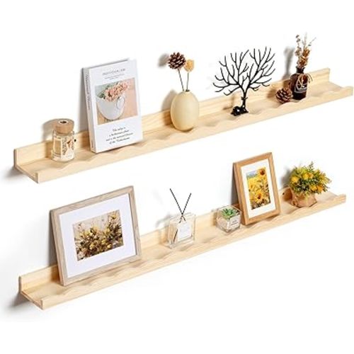Fun Memories Picture Ledge Shelf for Wall, 48 inch Pine Wood Nursery Book Shelves Set of 2- Wall Book Shelves for Kids Room, Home Decor - Kitchen Spice-Natural