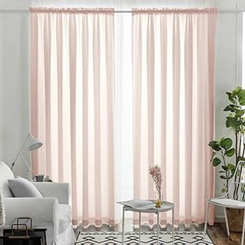 Melodieux Light Pink Semi Sheer Curtains 108 Inches Long for Living Room Bedroom, Extra Long Linen Look Rustic Light Filtering Shiny Sheer Drapes Curtains Rod Pocket, 52" W x 108" L, 2 Panels