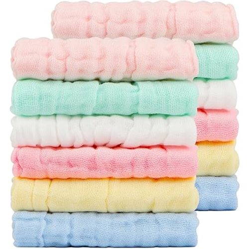 Orighty Muslin Baby Washcloths Pack of 12 - Soft Face Cloths for Newborn, Absorbent Baby Bath and Face Towels, 100% Cotton Babies Wipes, Burp Cloths, Feeding Towels for Babies and Infants - 10 x 10’’
