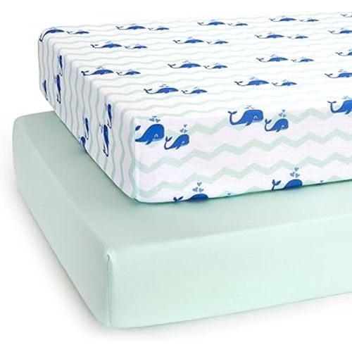 TILLYOU Baby Crib Sheets for Boys Girls, Fitted Crib Sheet 2 Pack for Standard Crib and Toddler Mattresses, Super Soft Toddler Bed Sheets, 28" x 52" x 8", Navy Whale & Light Green