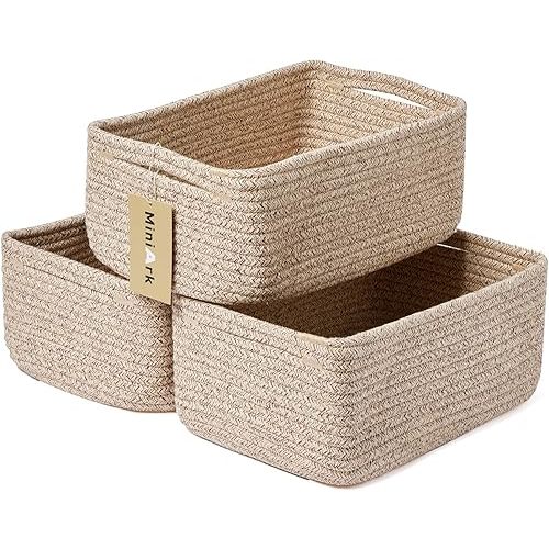 Shelf Storage Baskets for Organizing | Closet Organizer Bins | Small Baskets | Toy Basket | Cute Decorative Basket | Cube Storage Bin | Woven Rope Basket | 13×8.5×5.1” | 3 Packs Mixed Brown