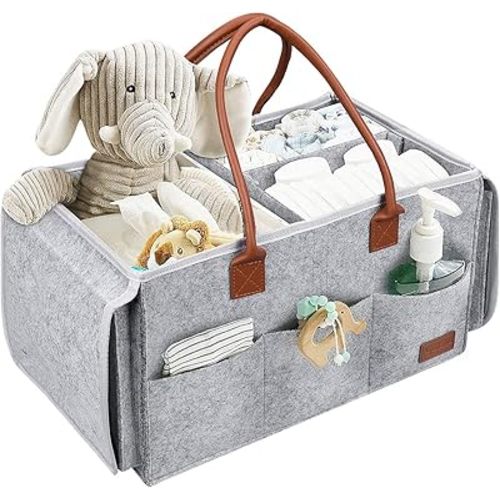 PAPERKIDDO Baby Diaper Caddy Organizer with Changing Table, 2 in 1 Portable Felt Nursery Storage Bin and Car Organizer for Diapers, Baby Wipes and Toys