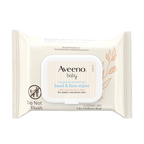 Aveeno Baby Fragrance-Free Hand & Face Wipes with Oat Extract & Aloe, Cleansing & Moisturizing Baby Wipes for Sensitive Skin, Sulfate-, Alcohol-, Paraben- & Dye-Free, Hypoallergenic, 25 ct (Pack of 4)