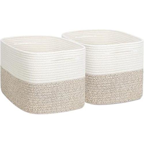 ODOM 2 Pack Natural Cotton Rope Basket for Organizing, [15"x 11" x 9.5"], Woven Storage Baskets for Shelves, Laundry Basket, Towel Baskets for Bathroom, Nursery Toy Organizer Bin (White Brown)