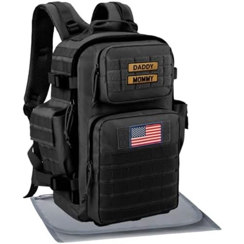 SHARKMOUTH Diaper Bag Military for Men - Large Baby Backpack with Changing Pad for Active Dad - Insulated for Outdoor Travel Camping Park Trips Black