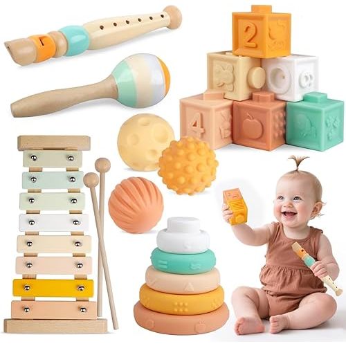 Baby Toys 6-12 Months Montessori Toys for Babies 6-12-18 Months,Wooden Stacking Building Blocks,Infant Teething Toys Sensory Balls,Xylophone Musical Toy,Birthday Gift for Toddlers 1+ Year Old (6 in 1)