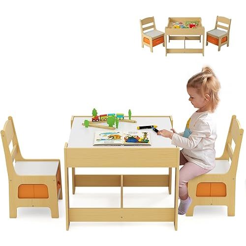 LDAILY Kids Table and Chairs, 3 in 1 Activity Table with Storage Drawer, Writable Blackboard, Detachable Tabletop, Wooden Toddler Table and Chair Set for Drawing, Reading, Writing, Playroom (Natural)