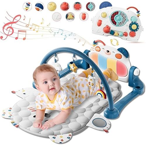 Baby Play Gym Mat, Kick and Play Piano Mat for Babies, Infant Tummy Time Activity Playmat with 5 Detachable Toys, Easy to Install & Clean