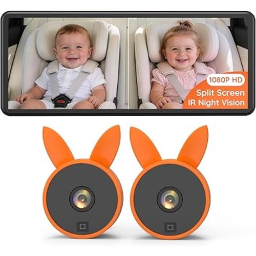 Babyvue Dual Car Camera Baby Monitor, 7.2" 1080P HD for 2 Kids, Split Screen with IR Night Vision, Easy Setup & Adjustable Brightness, Rear Facing View for Kids & Pet Safety