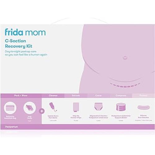 Frida Mom C-Section Recovery Must Have Kit for Labor, Delivery, & Postpartum, Socks, Peri Bottle, Disposable Underwear, Abdominal Support Binder, Shower Wipes, Silicone Scar Patches, & Toiletry Bag