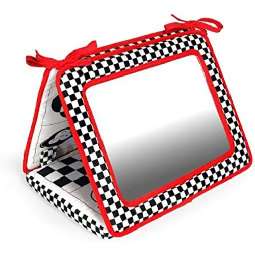 Genius Baby Toys Tummy Time Mirror for Babies 0-6 Months - Double-Sided with High Contrast Images - Baby Floor Mirror Can Be Used in Crib - No Hard Edges - Black White and Red