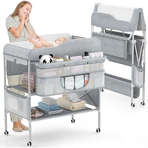Portable Baby Changing Table, Foldable Changing Table Dresser Baby Changing Station, Height Adjustable Waterproof Diaper Changing Table Pad Topper, Newborn Nursery Organizer