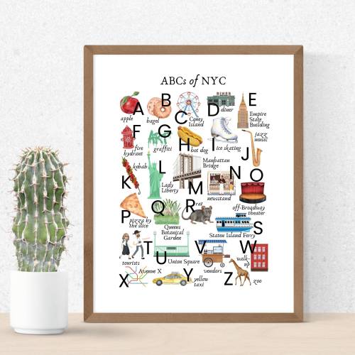 NYC Alphabet Print of Watercolor Art | ABC New York Poster Download for Nursery Baby Gift or Souvenir | Digital Printable Decor Wall Art