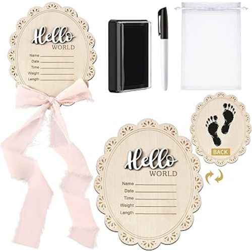 Baby Announcement Sign 7 Inch Double Sided Wooden Hello World Newborn Engraved Sign with Organza Bag Marker Pen Ink Pad Ribbon Bow for Baby Shower Hand Footprints Photo Prop (Pink Bow)